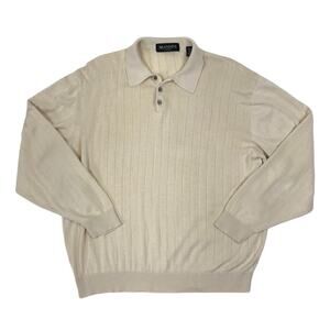 BRANDINI Italy Silk Polo Top Men XXL Sand Wide Rib Business Casual Academia Y2K